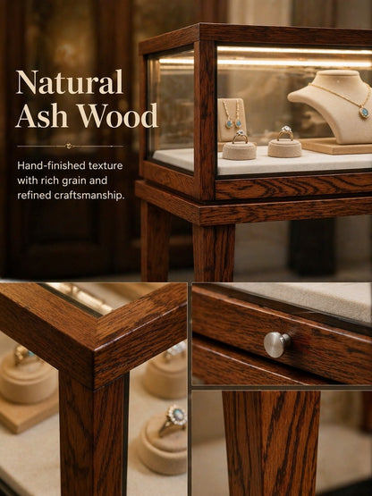 Solid Ash Wood Jewelry Display Cabinet, Adjustable LED Lighting, Retail Presentation Showcase