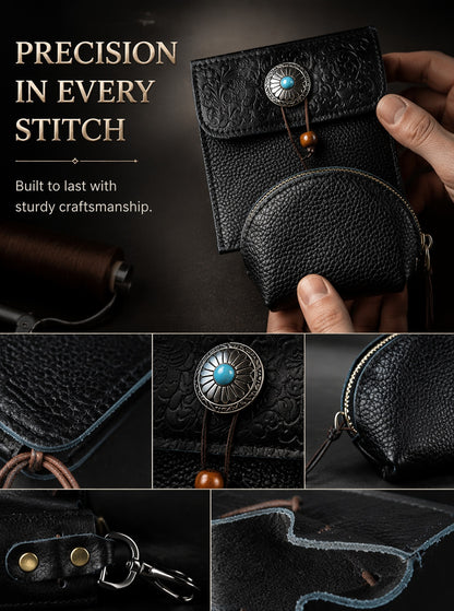 5pcs Genuine Leather Storage Pouch, Waterproof Pebble Cowhide Bag, Snap Drawstring Zipper Closure, Jewelry Organizer