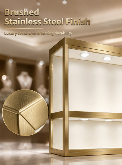 Gold Wall-Mounted Jewelry Display Case with LED Lights & Lock, 2-Tier Stainless Steel Electroplated Showcase Cabinet for Retail Boutiques