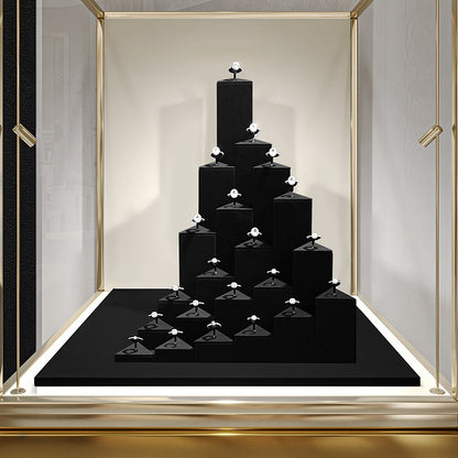 Black Suede Ring Display Stand with Multi-Level Steps for Boutique