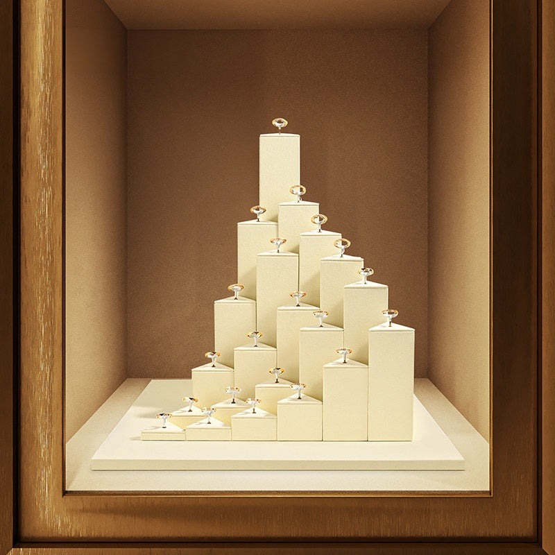 Beige Suede Ring Display Stand with Multi-Level Steps for Vendors