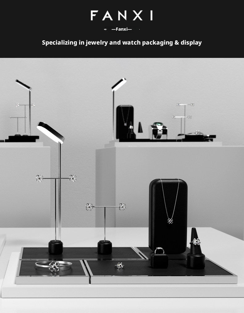 Black Leather Jewelry Display Set with Metal Trays for Rings and Earrings