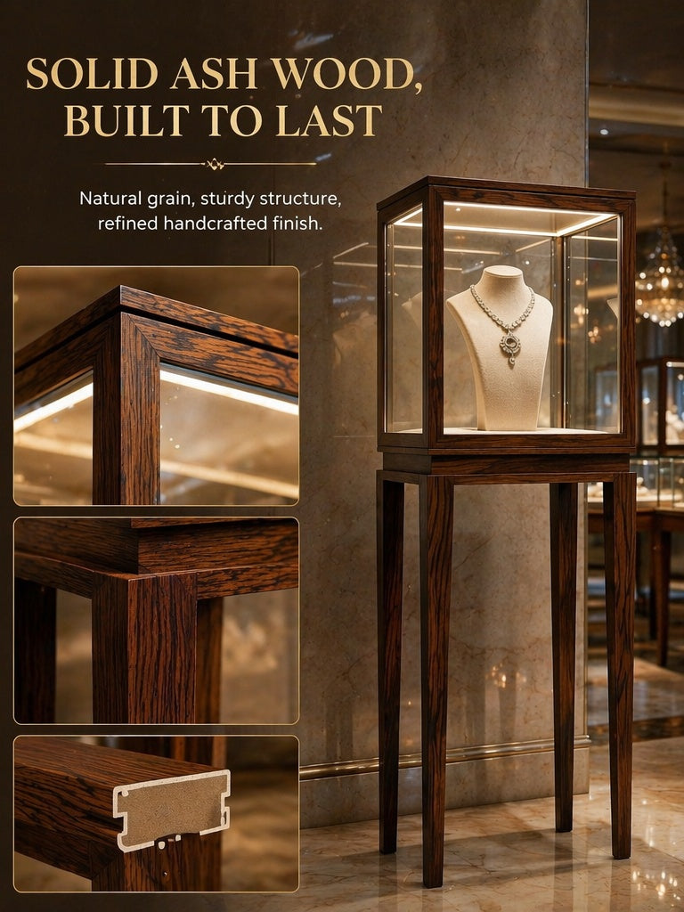 Luxury Wood Glass Display Cabinet, 360° LED Lighted Pedestal Showcase for Boutiques