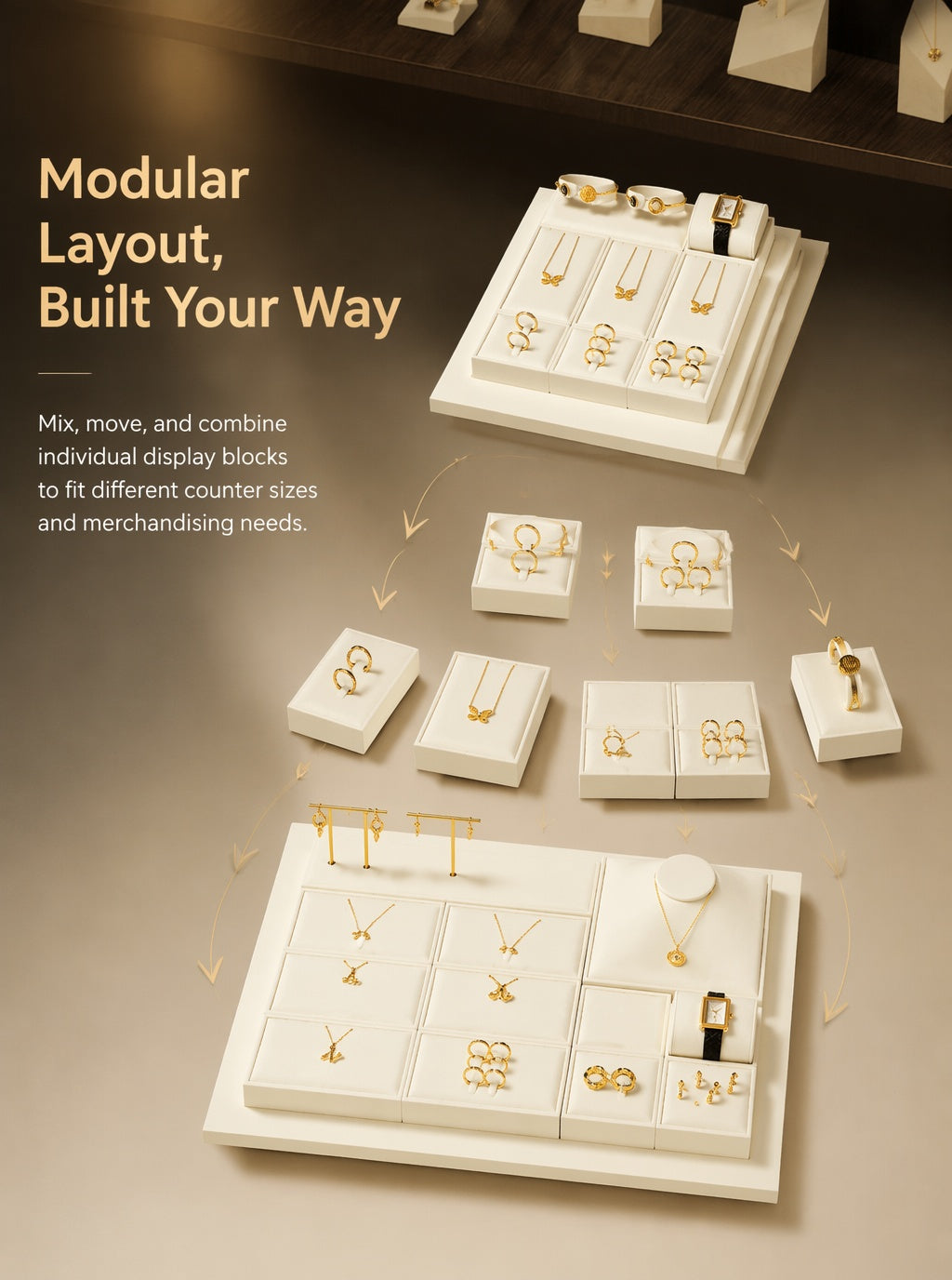 Suede Jewelry Display Stand Set, Tiered Modular Showcase Tray, White Microfiber Props