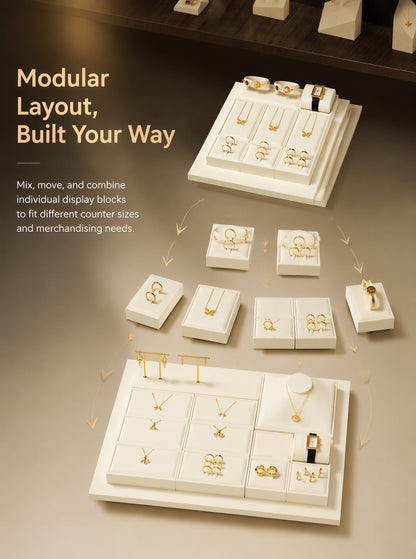 Suede Jewelry Display Stand Set, Tiered Modular Showcase Tray, White Microfiber Props