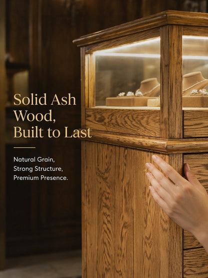 Handmade Ash Wood LED Jewelry Showcase - Illuminated Countertop Display Stand for Retail Jewelry cabinet