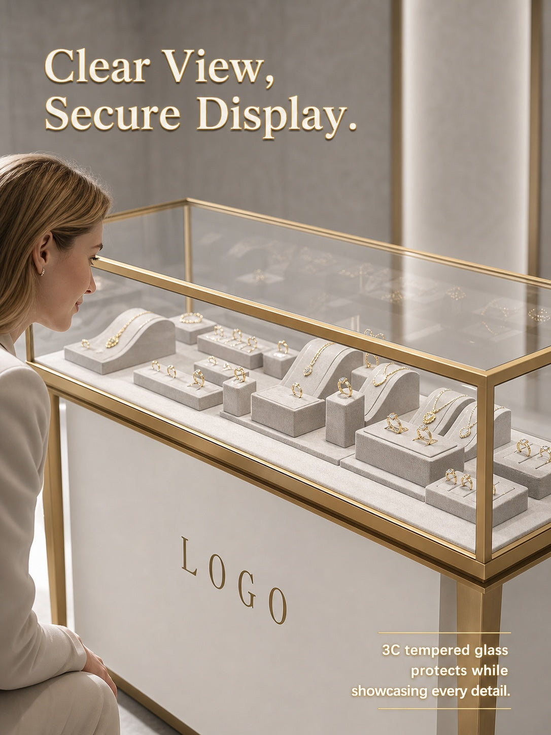 Stainless Steel Jewelry Display | Electroplated Metal Showcase with Glass Top & Logo Option for Boutiques