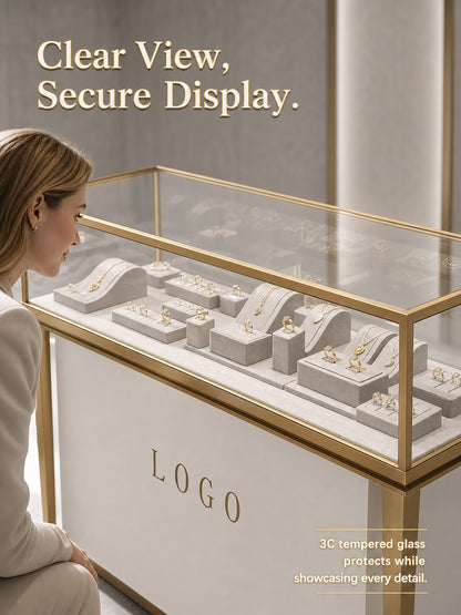 Stainless Steel Jewelry Display | Electroplated Metal Showcase with Glass Top & Logo Option for Boutiques