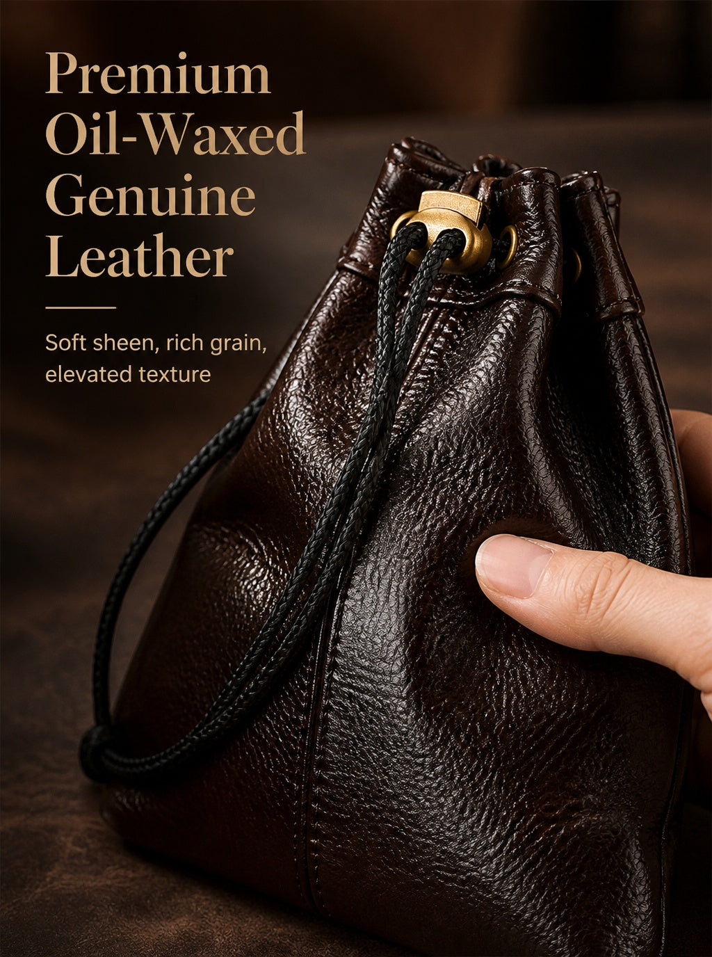 5pcs Waxed Leather Drawstring Pouch, Top-Grain Cowhide Snap Bag, Vintage Coin Jewelry Organizer, EDC Travel Storage