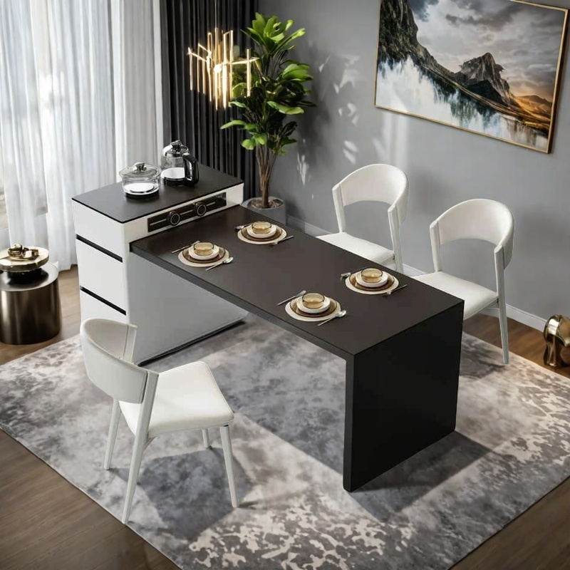 Small apartment rock slab island table integrated dual use modern simple cream wind retractable household multi-functional tea table