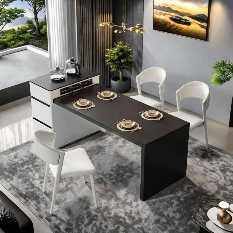Small apartment rock slab island table integrated dual use modern simple cream wind retractable household multi-functional tea table