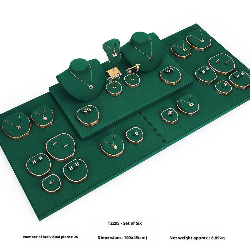Green Suede and Gold Jewelry Showcase Trays and Necklace Busts