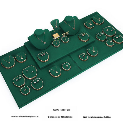 Green Suede and Gold Jewelry Showcase Trays and Necklace Busts