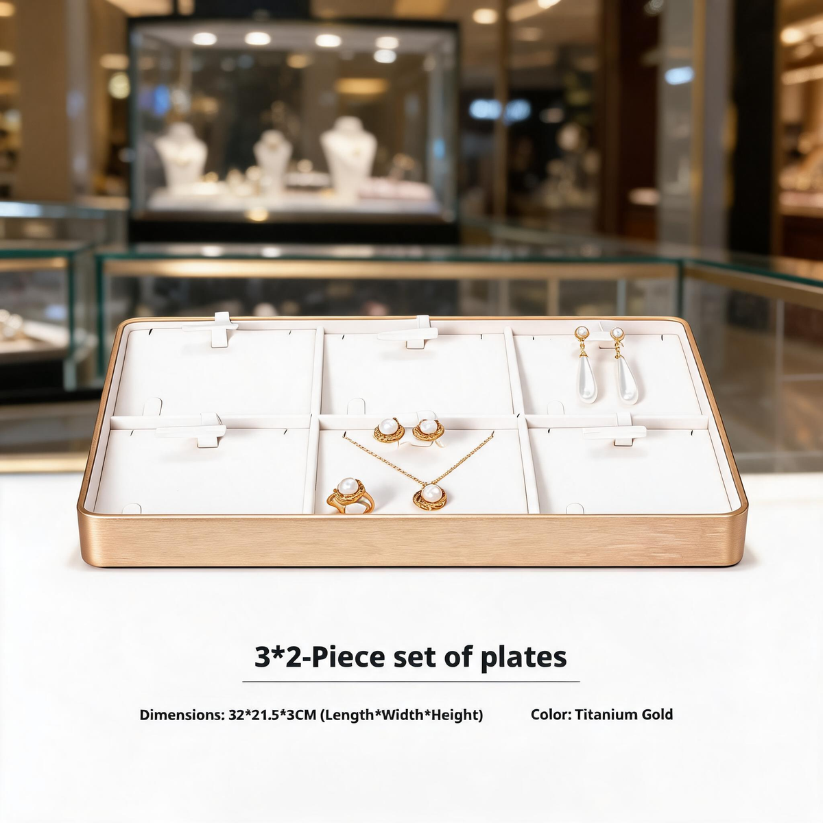 Gold Metal Jewelry Tray with Velvet Lining for Ring and Necklace Display