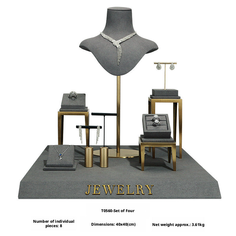 Charcoal Velvet Jewelry Display Set with Gold Metal Backdrop