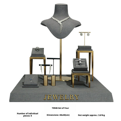 Charcoal Velvet Jewelry Display Set with Gold Metal Backdrop