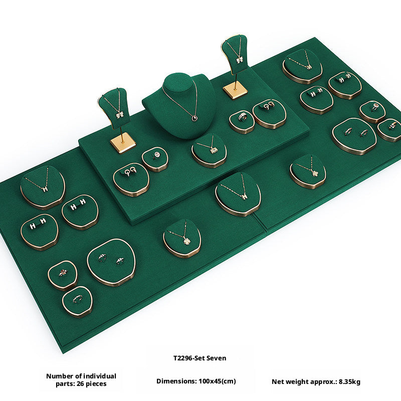 Green Suede and Gold Jewelry Showcase Trays and Necklace Busts