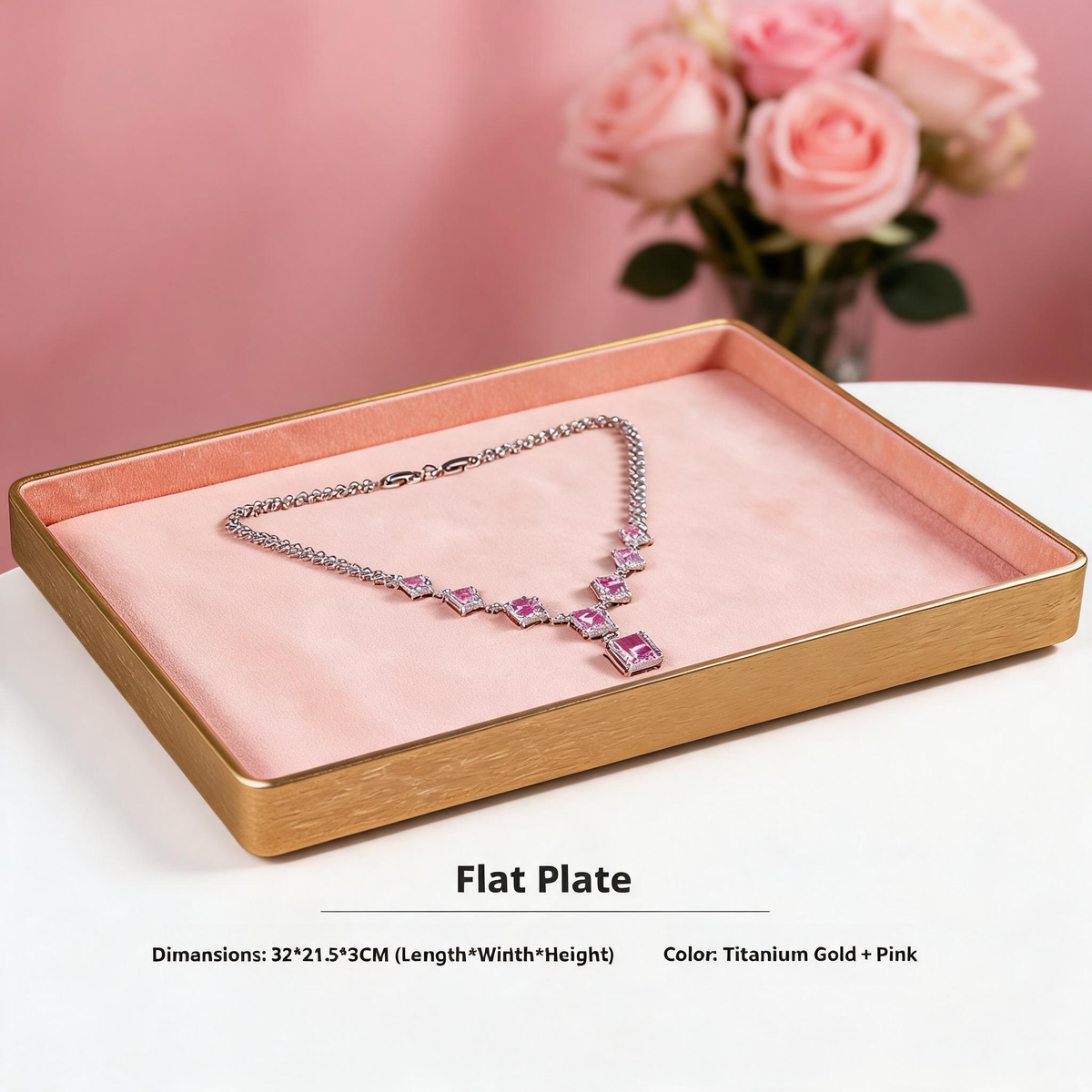 Gold Metal Jewelry Tray with Velvet Lining for Ring and Necklace Display