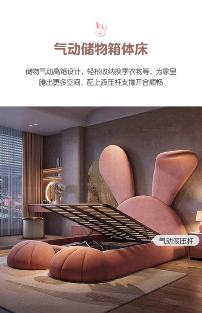 Light luxury children pink princess bed cartoon rabbit modern simple multi-functional girl bed fabric red solid wood bed