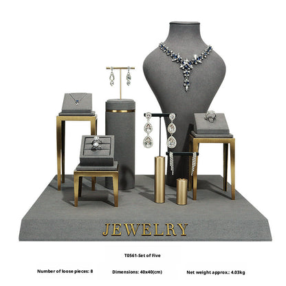 Charcoal Velvet Jewelry Display Set with Gold Metal Backdrop