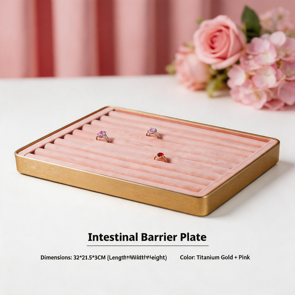 Gold Metal Jewelry Tray with Velvet Lining for Ring and Necklace Display