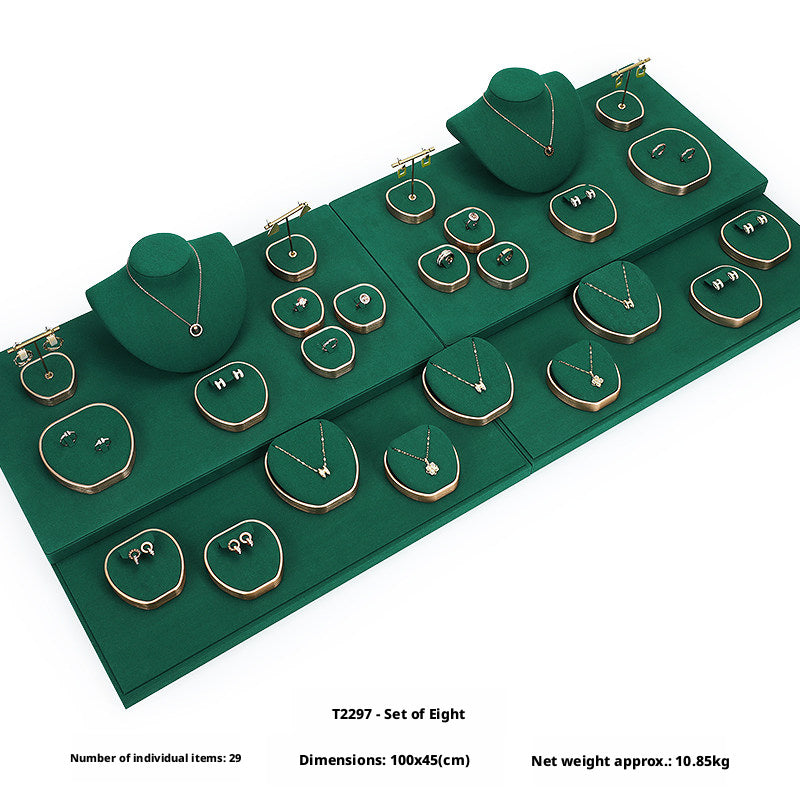 Green Suede and Gold Jewelry Showcase Trays and Necklace Busts