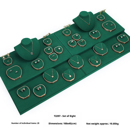 Green Suede and Gold Jewelry Showcase Trays and Necklace Busts