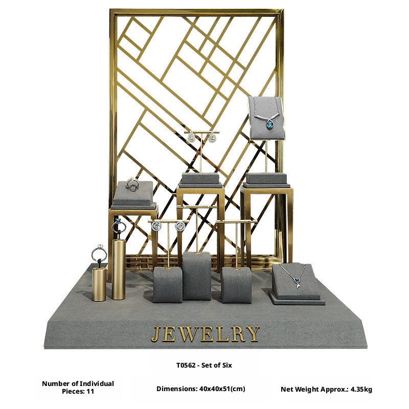 Charcoal Velvet Jewelry Display Set with Gold Metal Backdrop