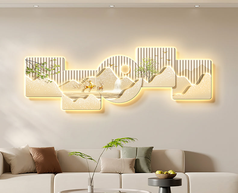 Stone to run the restaurant decorative painting wall clock modern light luxury living room clock hanging painting advanced sense wall lamp