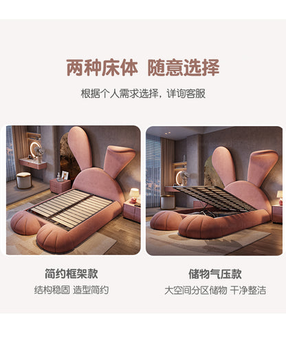 Light luxury children pink princess bed cartoon rabbit modern simple multi-functional girl bed fabric red solid wood bed