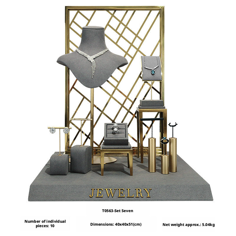 Charcoal Velvet Jewelry Display Set with Gold Metal Backdrop