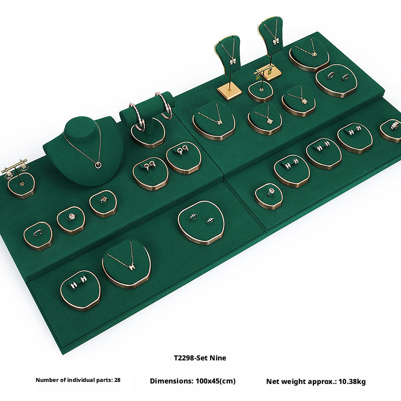 Green Suede and Gold Jewelry Showcase Trays and Necklace Busts