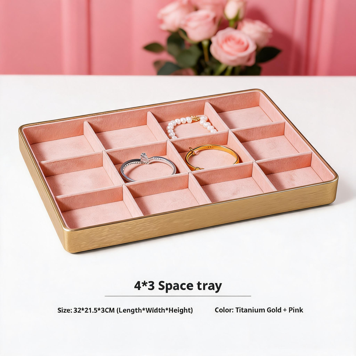 Gold Metal Jewelry Tray with Velvet Lining for Ring and Necklace Display