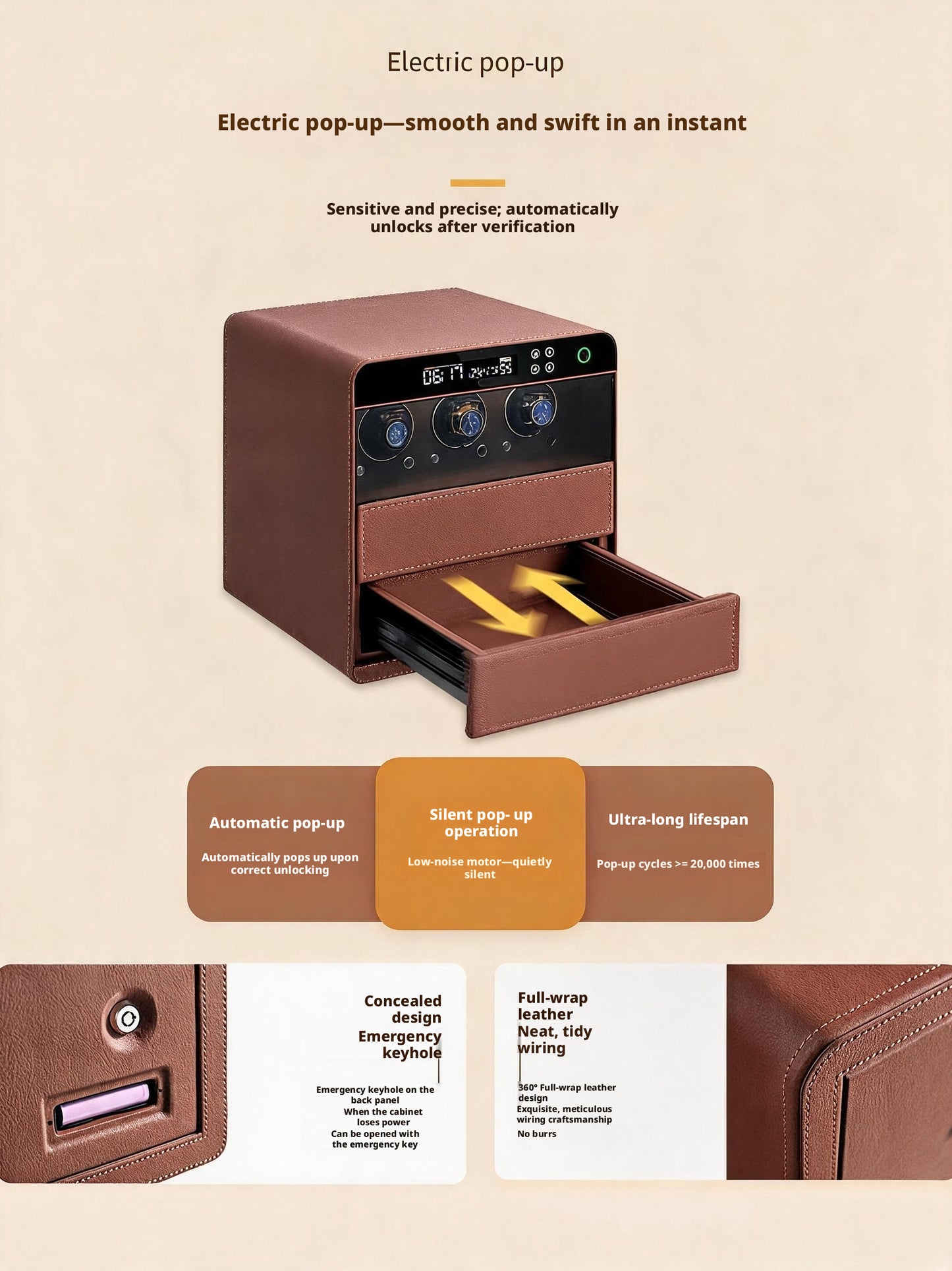 Luxury Leather Watch Winder Safe, Steel Security Case, 3-Slot Automatic Winder