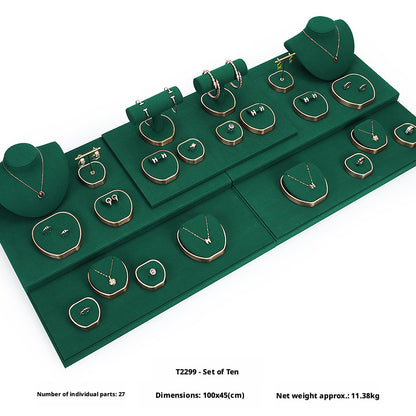 Green Suede and Gold Jewelry Showcase Trays and Necklace Busts