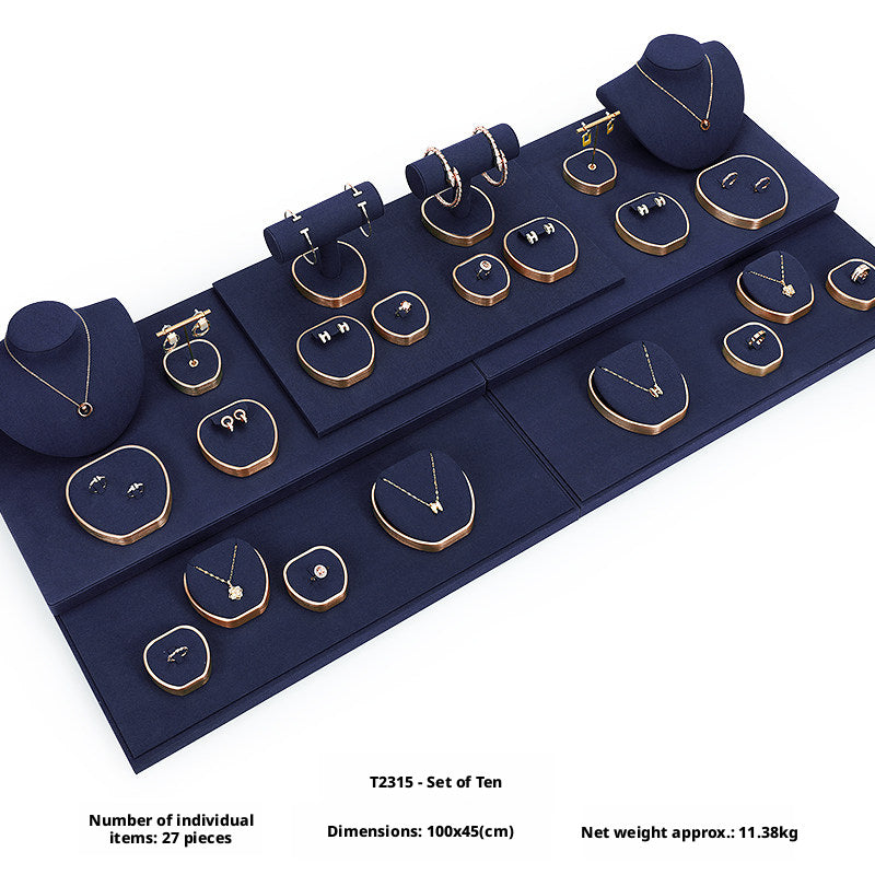 Luxury Suede Jewelry Display Set with Gold Metal Frame for Showcase