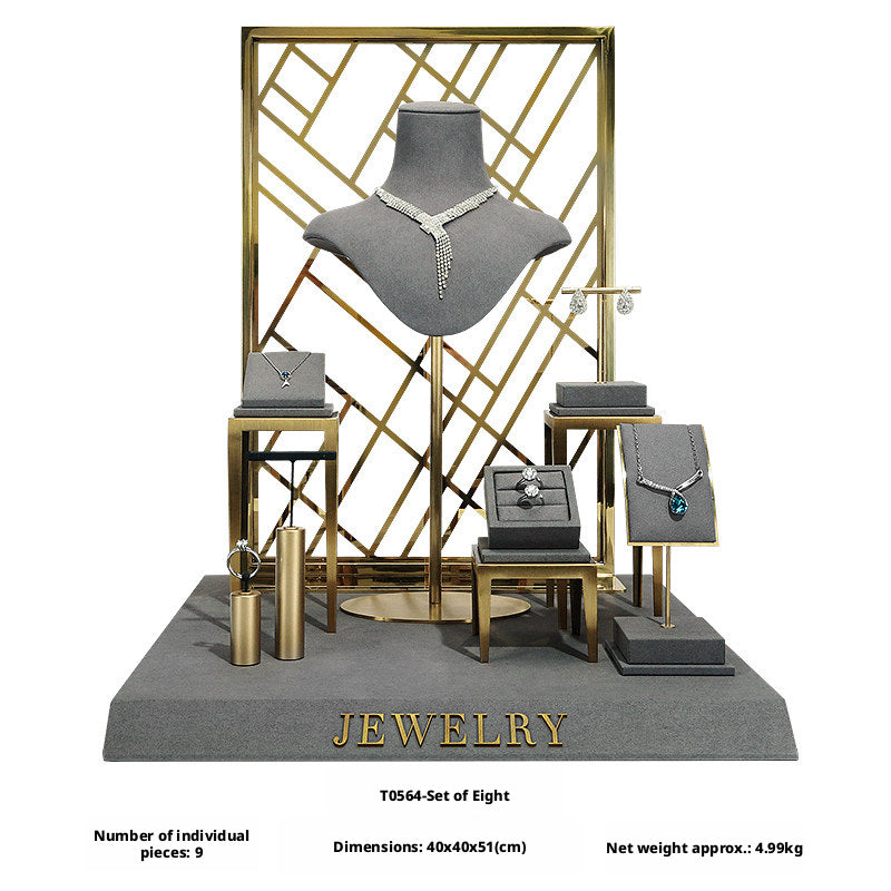 Charcoal Velvet Jewelry Display Set with Gold Metal Backdrop