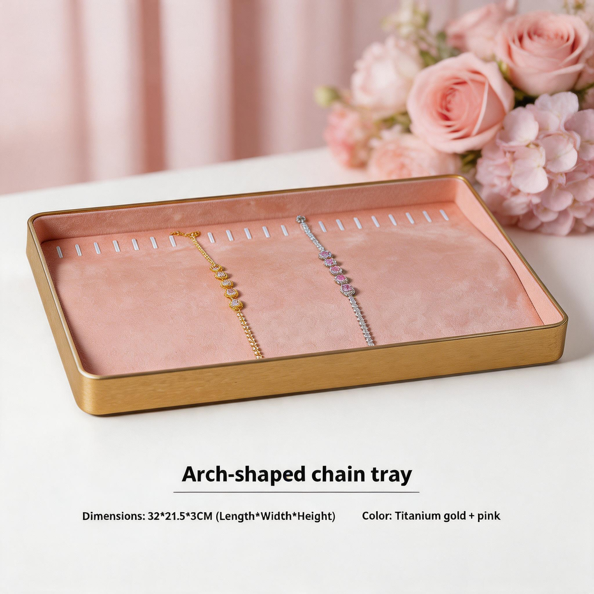 Gold Metal Jewelry Tray with Velvet Lining for Ring and Necklace Display