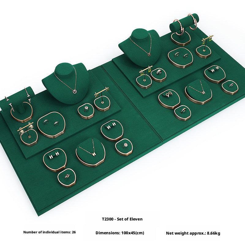 Green Suede and Gold Jewelry Showcase Trays and Necklace Busts