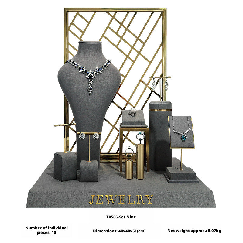 Charcoal Velvet Jewelry Display Set with Gold Metal Backdrop