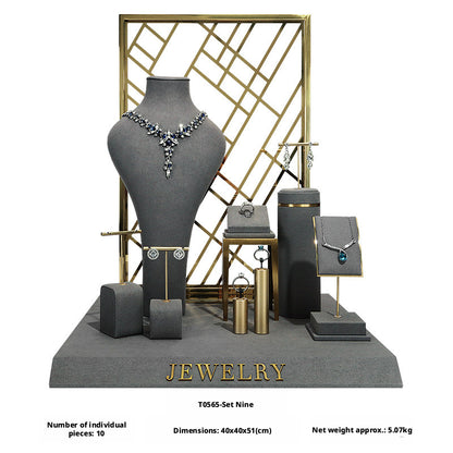 Charcoal Velvet Jewelry Display Set with Gold Metal Backdrop
