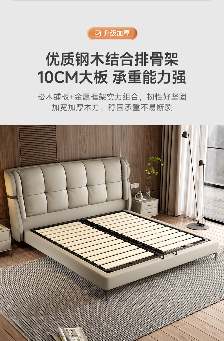 Italian minimalist leather bed Modern simple soft bag double bed 1.8m master bedroom light luxury storage large bed high-end wedding bed