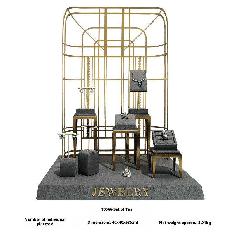 Charcoal Velvet Jewelry Display Set with Gold Metal Backdrop