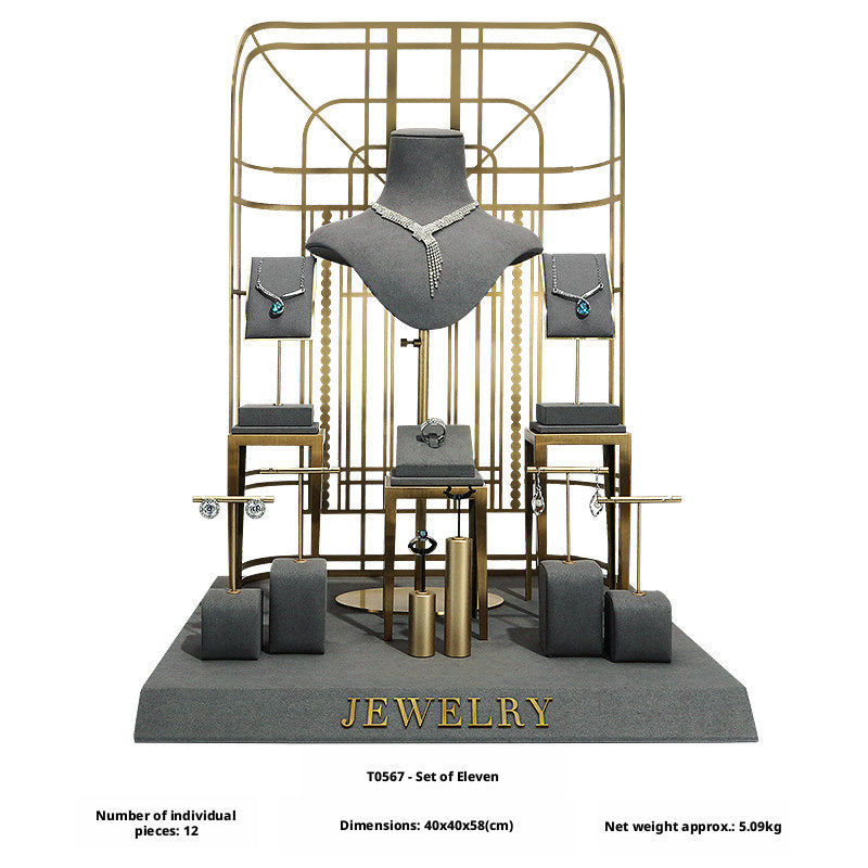 Charcoal Velvet Jewelry Display Set with Gold Metal Backdrop