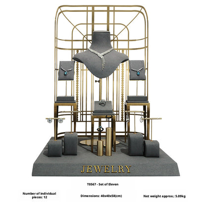 Charcoal Velvet Jewelry Display Set with Gold Metal Backdrop