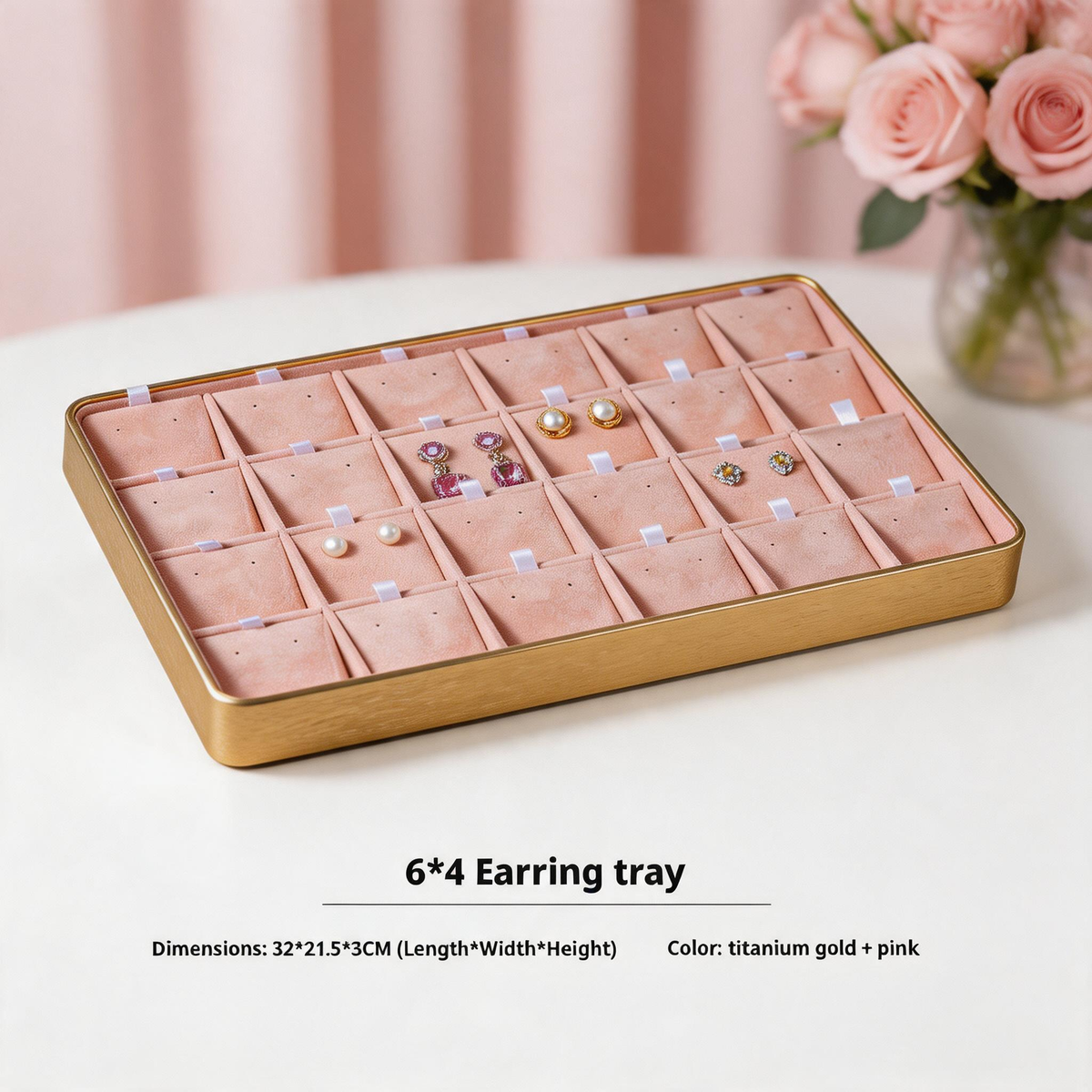 Gold Metal Jewelry Tray with Velvet Lining for Ring and Necklace Display