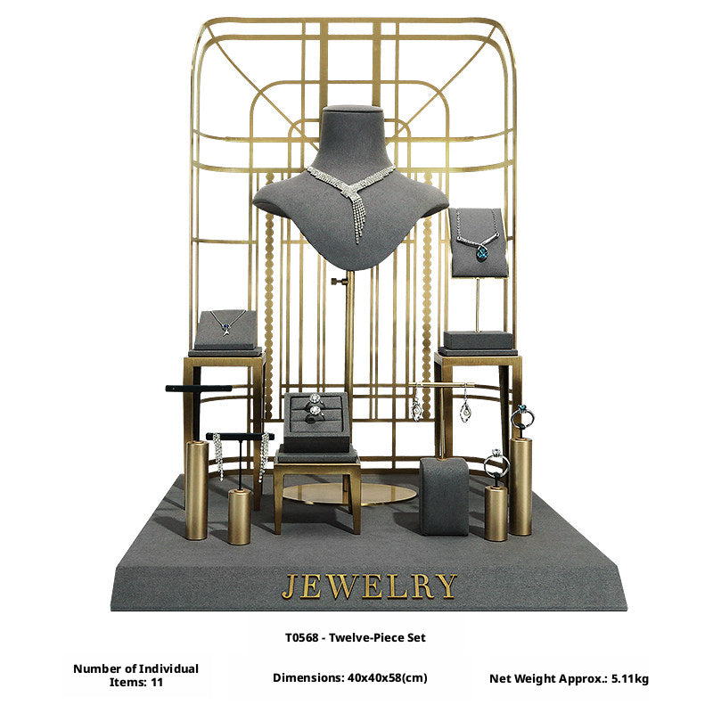 Charcoal Velvet Jewelry Display Set with Gold Metal Backdrop