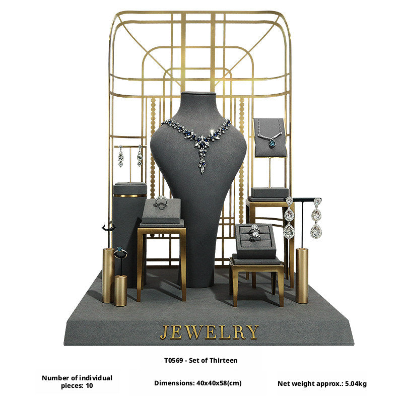 Charcoal Velvet Jewelry Display Set with Gold Metal Backdrop