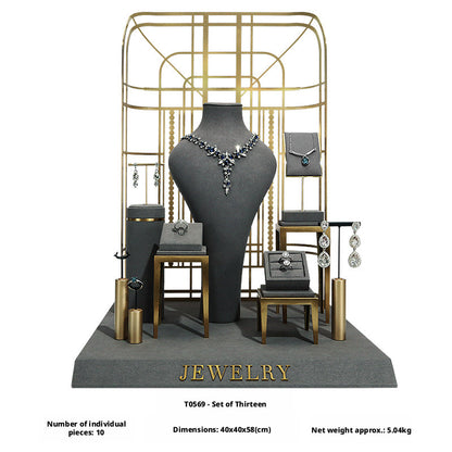 Charcoal Velvet Jewelry Display Set with Gold Metal Backdrop