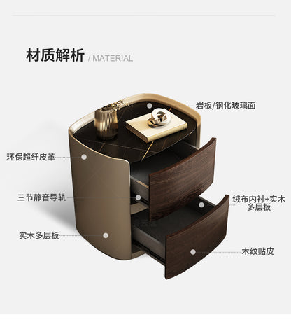 Italian minimalist high-end solid wood bedside table designer oval leather bedside cabinet Modern light luxury rock board locker
